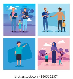 set scenes parents with sons avatar characters vector illustration design