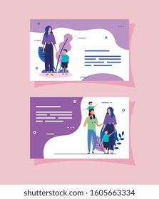 set scenes of parents with sons characters vector illustration design