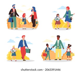 Set scenes with parents taking kids to school. Happy girls and boys in school uniform with father and mother together going in education institution. Flat vector illustrations.