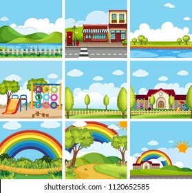 Set of scenes of parks and towns illustration