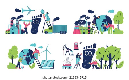 Set of scenes with people about carbon footprint reduction flat style, vector illustration isolated on white background. Man and woman characters, transport, factory and planet