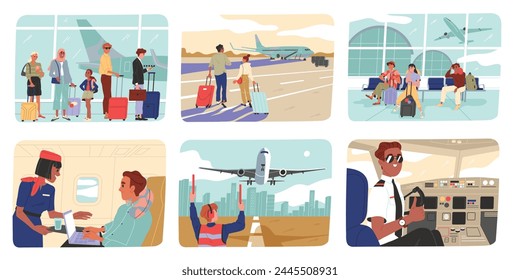 Conjunto de escenas con la gente en el aeropuerto. Turistas felices llevan equipaje, se sientan en la sala de espera o vuelan en avión. Pasajeros haciendo cola para el check in. Ilustraciones vectoriales planas de dibujos animados aisladas sobre fondo blanco