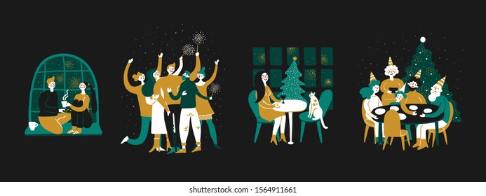 Set scenes people celebrating Christmas New Year. Happiness family friends couple lady woman man children young cat. Christmas tree design template primitive naive graphic friendly gathering tree snow