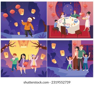 Set of scenes with people celebrating Lantern Festival flat style, vector illustration isolated on white background. Happy kids and families eating traditional rice balls, full moon, flying lanterns