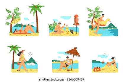 Set of scenes with people characters on beach rest flat style, vector illustration isolated on white background. Men and women sunbathing, doing sand castles, reading under beach umbrella and swimming