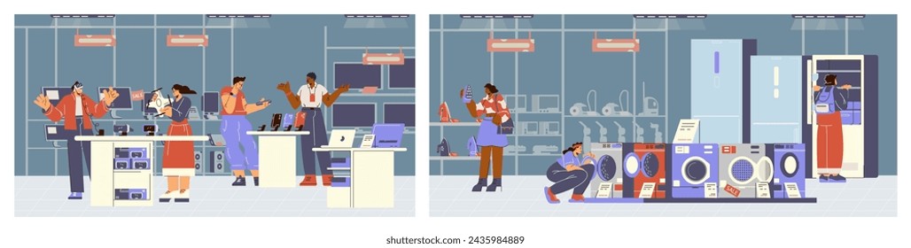 Set of scenes with people choosing goods at electronic shop flat style, vector illustration isolated on white background. Household irons and washing machines. Laptops, mobile phones and VR glasses