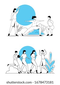 set scenes of people doing activities vector illustration design