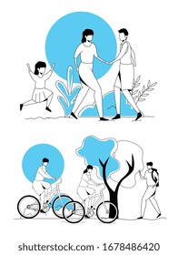 set scenes of people doing activities vector illustration design