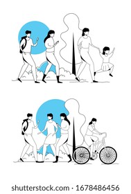set scenes of people doing activities vector illustration design