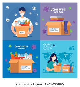 set scenes, people with donation boxes, social care, volunteering and charity concept vector illustration design