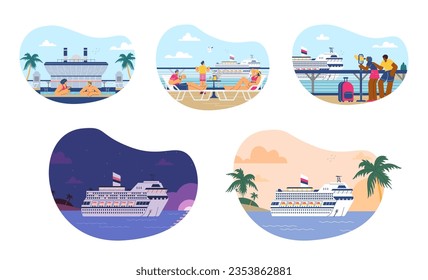 Set of scenes of people enjoying cruise ship vacation, flat vector illustration isolated on white background. Cruise liner passengers sunbathing on deck, drinking cocktails in swimming pool.