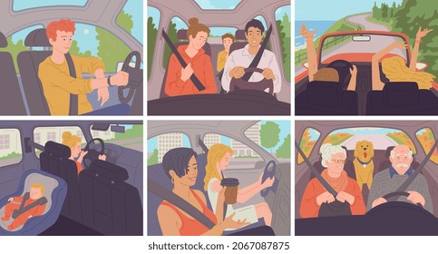 Set Of Scenes With People Families And Singles In Car Interior, Flat Vector Illustration. Drivers And Passengers Cartoon Characters In Car During Automobile Ride.