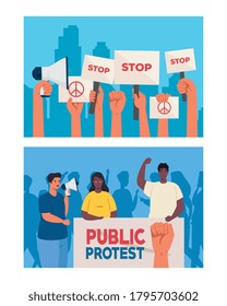 set of scenes people on protests with placards, human right concept vector illustration design