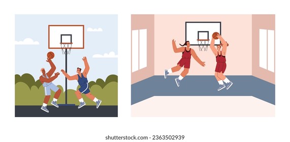 Set of scenes with people playing basketball in gym and outdoor flat style, vector illustration isolated on white background. Happy athletic boys and girls, professional sport and training