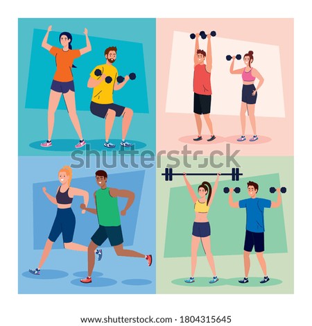 set scenes people practicing exercises outdoor, sport recreation concept vector illustration design