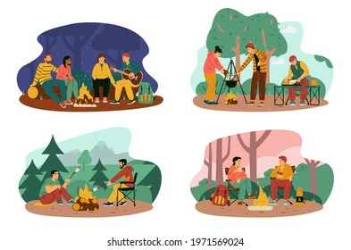 Set of scenes with people resting near campfire and cooking food, drinks hot beverages or singing song. Camping and hiking outdoors, adventure and travel at nature. Vector.