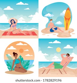 set scenes, people with swimsuit in the beach, summer vacation season vector illustration design