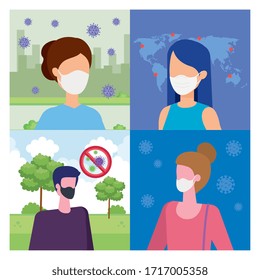 set scenes of people using face mask with particles covid 19 vector illustration design