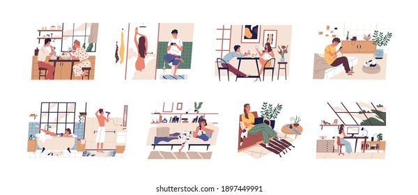 Set of scenes with people using mobile phones, laptop and computer at home during working, eating or resting. Men and women with digital addiction. Flat vector illustration isolated on white