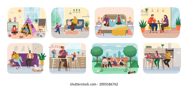 Set of scenes with people using mobile phones, laptop and computer at home during working, eating or resting. Men and women with digital addiction. Internet and app addiction. People using gadgets