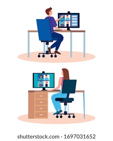 set scenes of people in video conference vector illustration design