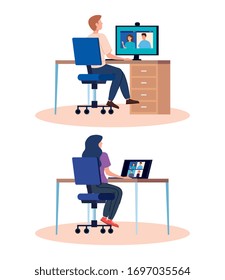 set scenes of people in video conference vector illustration design
