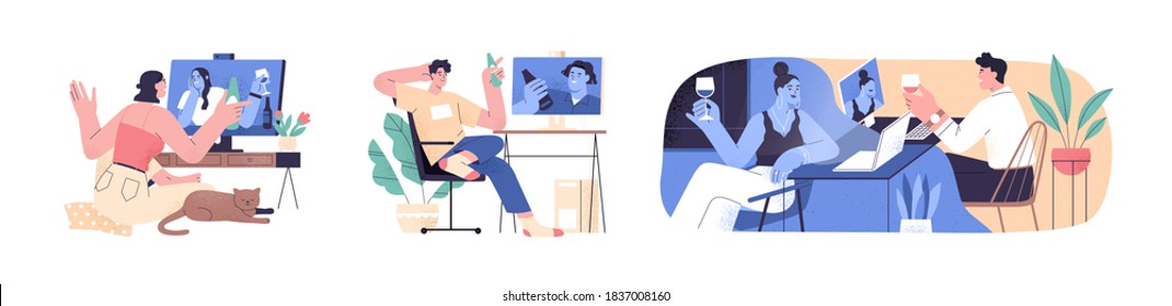 Set of scenes with people videoconferencing and drinking wine or beer together. Friends and couple video call. Men and women meeting online. Distance communication. Flat vector cartoon illustration