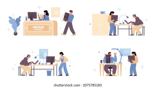 Set scenes with people working at computer service. Professional technicians with tools repair broken hardware, working with system units and laptops. Flat vector illustrations.