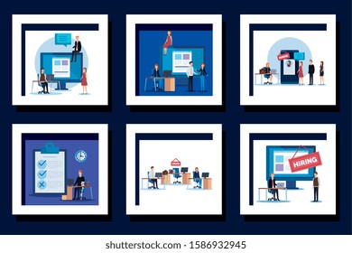set scenes people working in hiring vector illustration design