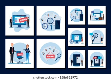 set scenes people working in hiring and set icons vector illustration design