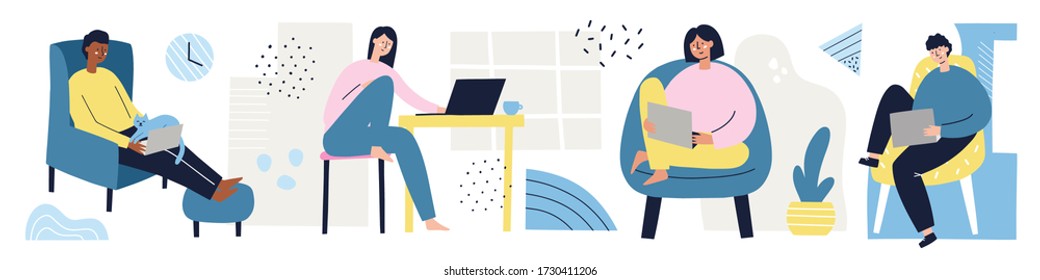 Set of scenes with people working at home. Freelance, work from home concept. HAnd drawn vector illustration with abstract details. Men and women with laptops.