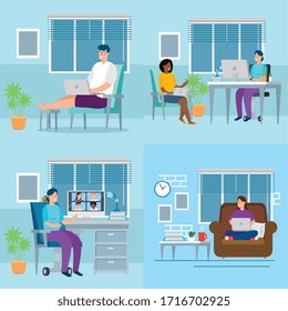 set scenes people working in telecommuting vector illustration design