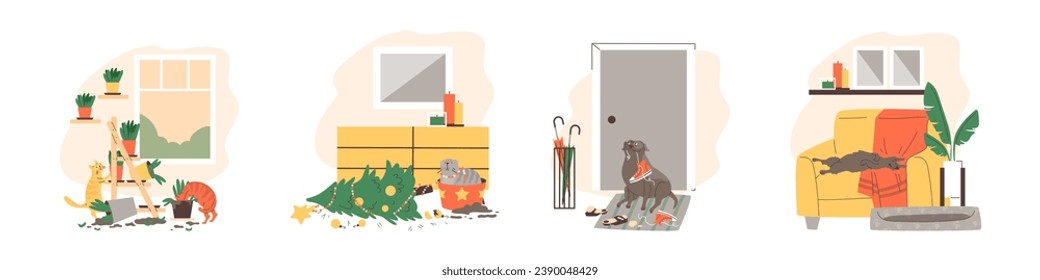 Set of scenes with pet making mess flat style, vector illustration isolated on white background. Decorative design elements collection, cats and dogs alone at home
