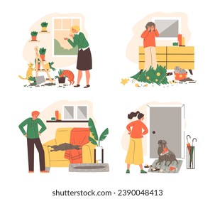 Set of scenes with pets making mess, flat vector illustration isolated on white background. Funny cats breaking houseplants and knocking over Christmas tree. Dog chews shoes. Angry pet owners.