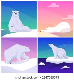 Set of scenes with polar bears in different poses flat style, vector illustration isolated on white background. Falling stars, lying, sitting and going bears
