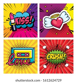 set scenes pop art style with icons vector illustration design
