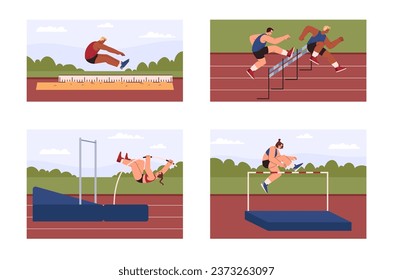 Set of scenes with professional jumping people flat style, vector illustration isolated on white background. High and long jump sport, athletic men and women, training and competition