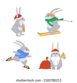 Set of scenes with rabbits. Winter hares with a hint of sports and Christmas. Stylish flat vector illustration. Eps10
