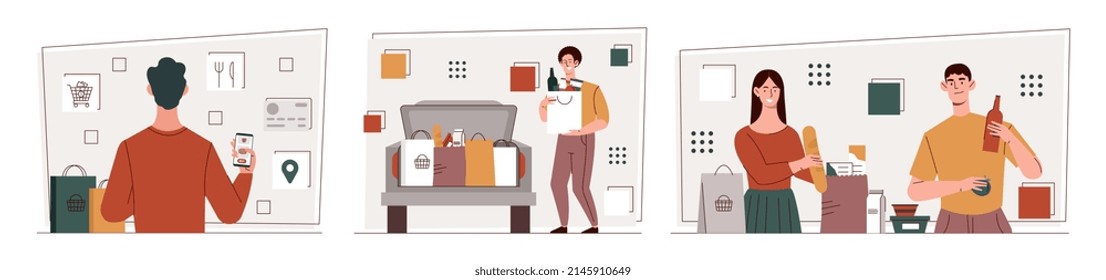 Set of scenes related to online shopping and buying grocery. Characters make purchases, put bags of groceries in car and unpack package. Cartoon flat vector collection isolated on white background