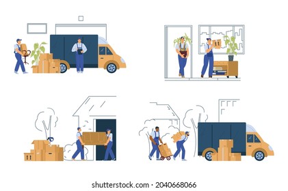 Set of scenes relocation to new business office or moving in new housing. Workers of delivery company carry cardboard boxes with things and furniture. Flat vector illustrations