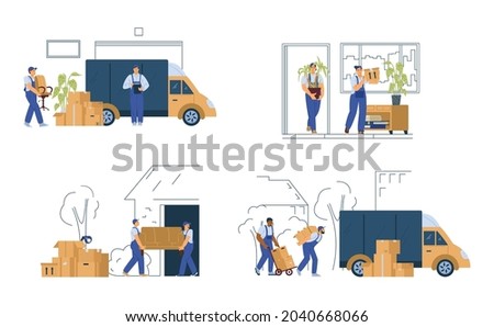 Set of scenes relocation to new business office or moving in new housing. Workers of delivery company carry cardboard boxes with things and furniture. Flat vector illustrations