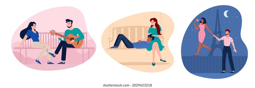 Set of scenes from romantic couple dates at different places. Male and female characters enjoing time at home, on the bench or walking down Paris together. Flat cartoon vector illustrations