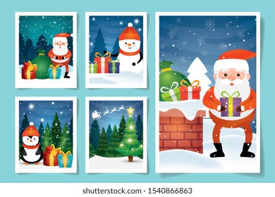 set scenes of santa claus with characters christmas and decoration vector illustration design