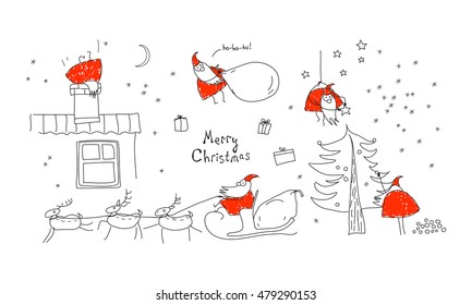 A set scenes and Santa Claus  Merry christmas  collection  Xmas sketch  Hand  drawn elements for New Year's design  Graphic illustration in red  black   white colors   