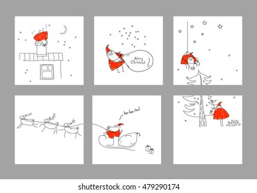 A set scenes with Santa Claus. Merry christmas. Xmas sketch. Hand-drawn elements for New Year's design. Graphic illustration in red, black and white colors. Collection of banners, flyers, invitations