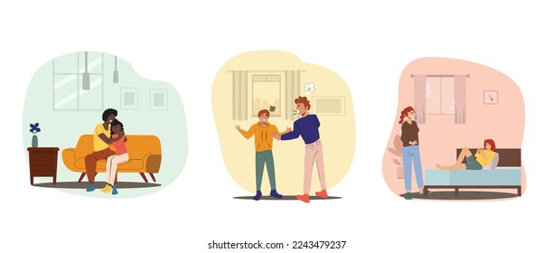 Set of  scenes show Parents raising teenager. Parents supporting and comfort teens, parents scolding teenager, scenes of misunderstanding, abuse, moral violence. Parents restricts and  refuse to obey