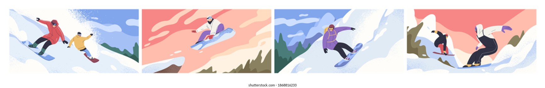 Set of scenes of snowboarders riding boards at snowy mountainsides or slopes. People in winter outfit sliding and jumping with snowboards. Outdoor sports activity. Colorful flat vector illustration - Shutterstock ID 1868816233