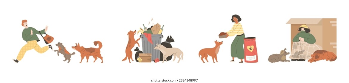 Set of scenes with stray dogs flat style, vector illustration isolated on white background. Aggressive and hungry homeless animals, design elements collection, people