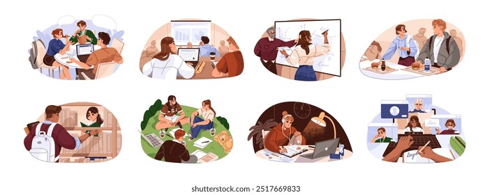 Set of scenes with students life in university campus. Classmates learning, prepare to exams together. Friends study at online lecture by video call. Flat vector illustrations on white background