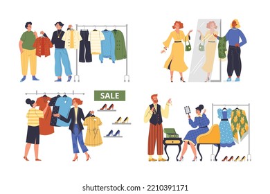 Set of scenes with stylists helping clients to choose dress flat style, vector illustration isolated on white background. Fashion and beauty, modern clothes, consulting